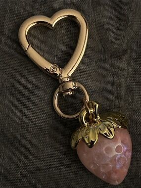 Gold Heart Keychain with Pink Iridescent Strawberry Bag/Key Charm
